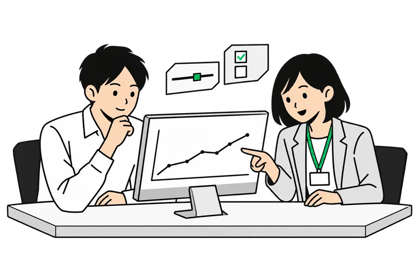 担当CSとクライアントが一緒に画面を見ているイラスト